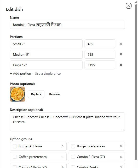 Menu item with sizes and preferences