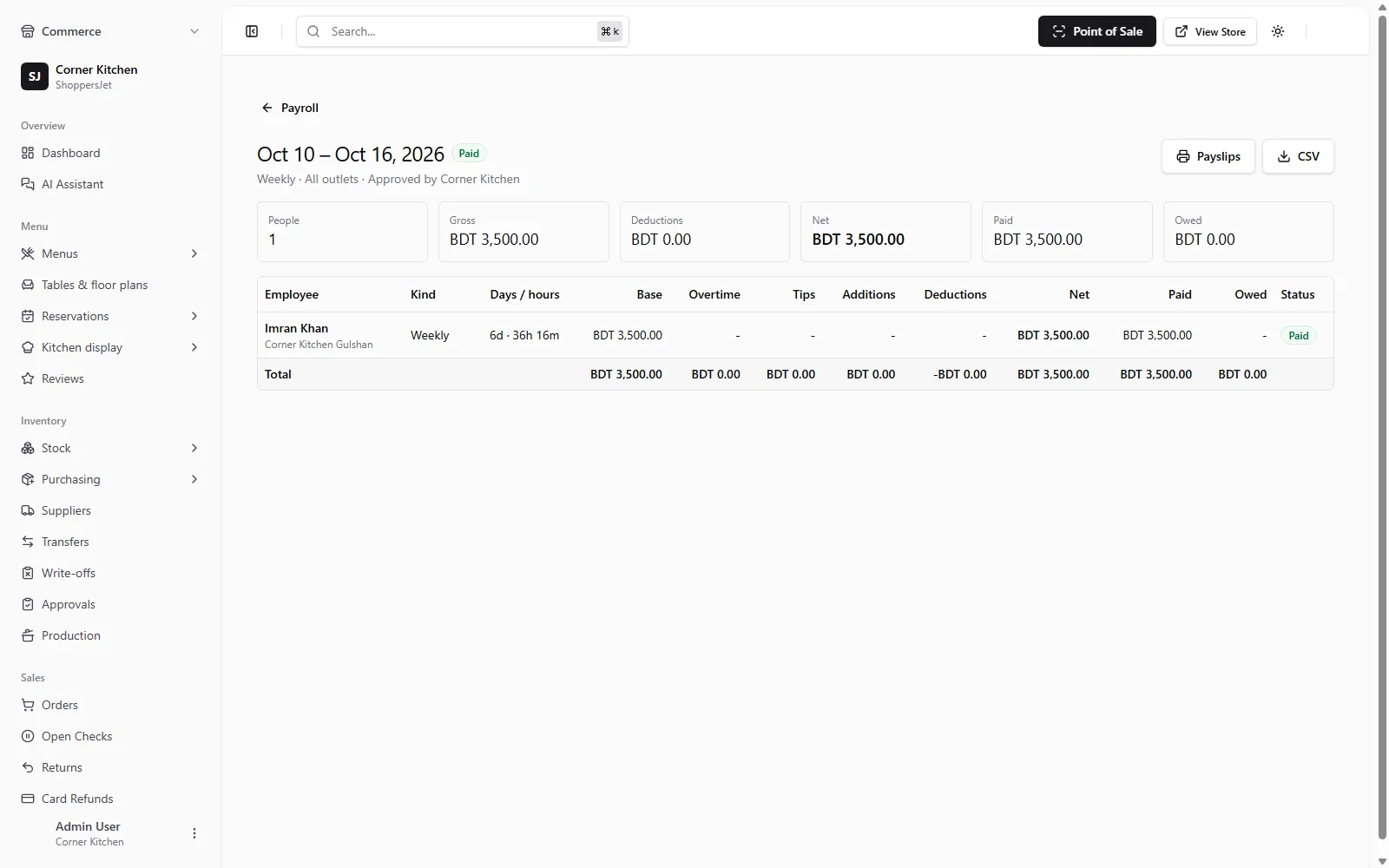 Pay run with payslips